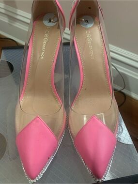 BCBGeneration Pink Pointed Clear Panel Pumps